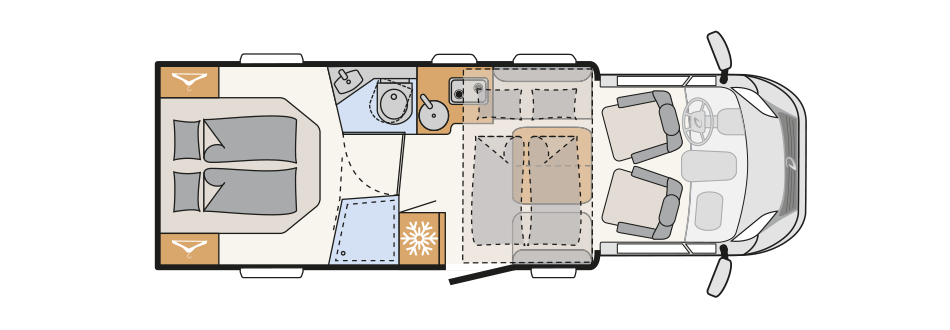 Matkailuauton pohjapiirrustus - Dethleffs Trend T 7057 DBL Auton konfiguraatio (laskettava vuode keskellä)